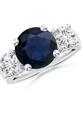 Classic Blue Sapphire and Diamond Three Stone Engagement Ring, Angara