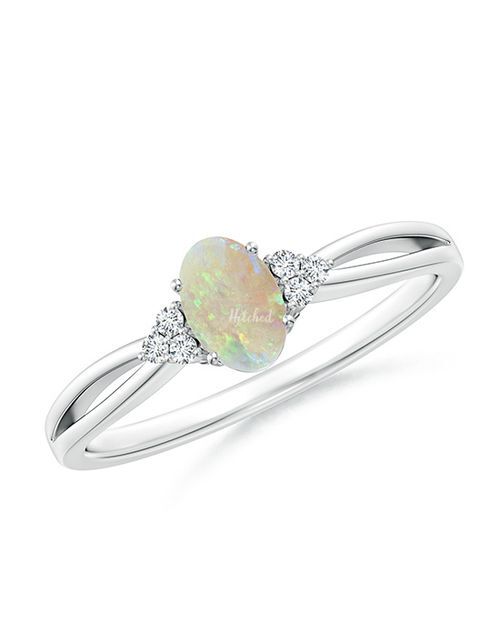 Solitaire Oval Opal Split Shank Ring with Trio Diamonds, Angara