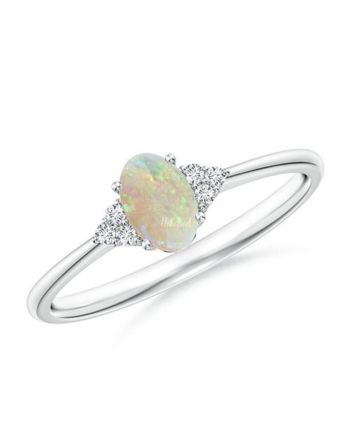 Tapered Shank Oval Opal Ring with Trio Diamond Accent, Angara