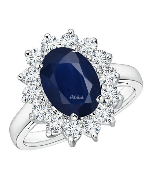 Princess Diana Inspired Blue Sapphire Ring with Diamond Halo, Angara