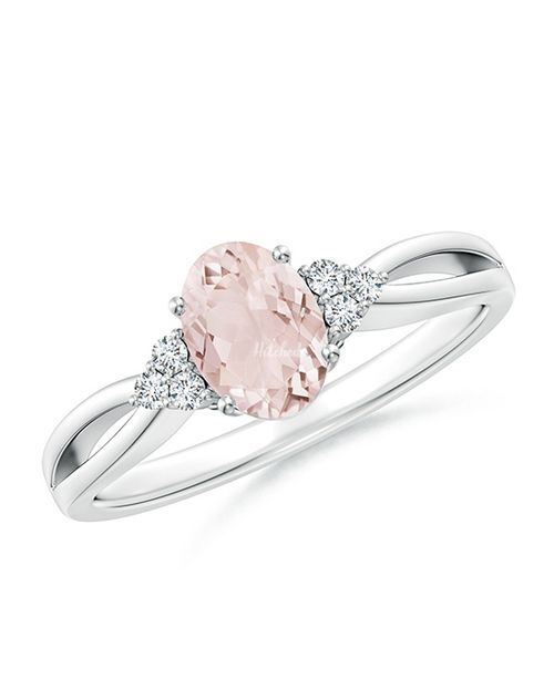 Solitaire Oval Morganite Split Shank Ring with Trio Diamonds, Angara