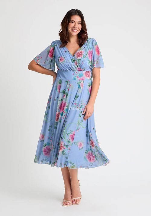 Victoria Blue Pink Angel Sleeve Mesh Long Midi Dress, Scarlett & Jo