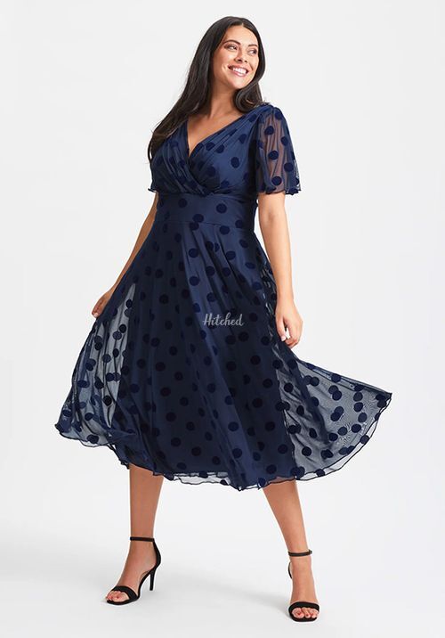 Victoria Dark Navy Velvet Flock Angel Sleeve Mesh Long Midi Dress, Scarlett & Jo