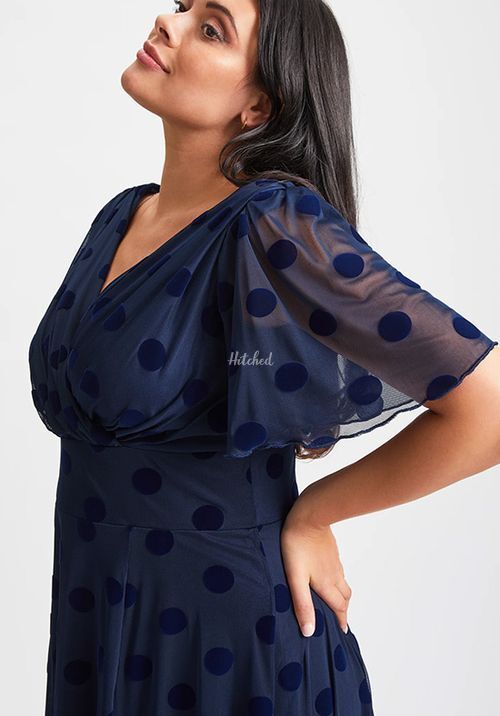 Victoria Dark Navy Velvet Flock Angel Sleeve Mesh Long Midi Dress, Scarlett & Jo