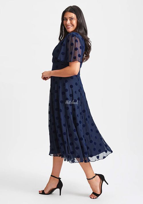 Victoria Dark Navy Velvet Flock Angel Sleeve Mesh Long Midi Dress, Scarlett & Jo