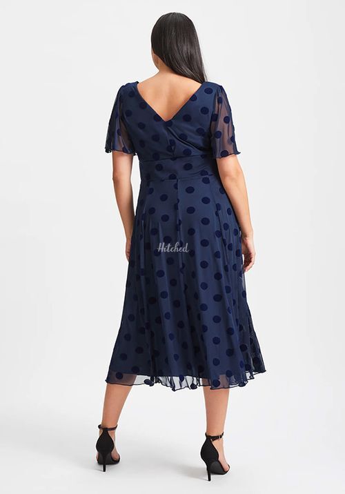 Victoria Dark Navy Velvet Flock Angel Sleeve Mesh Long Midi Dress, Scarlett & Jo