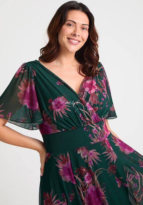 Victoria Green Pink Angel Sleeve Mesh Long Midi Dress, Scarlett & Jo