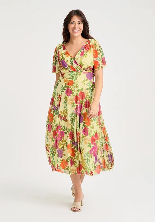 Victoria Lemon Multi Angel Sleeve Mesh Long Midi Dress, Scarlett & Jo
