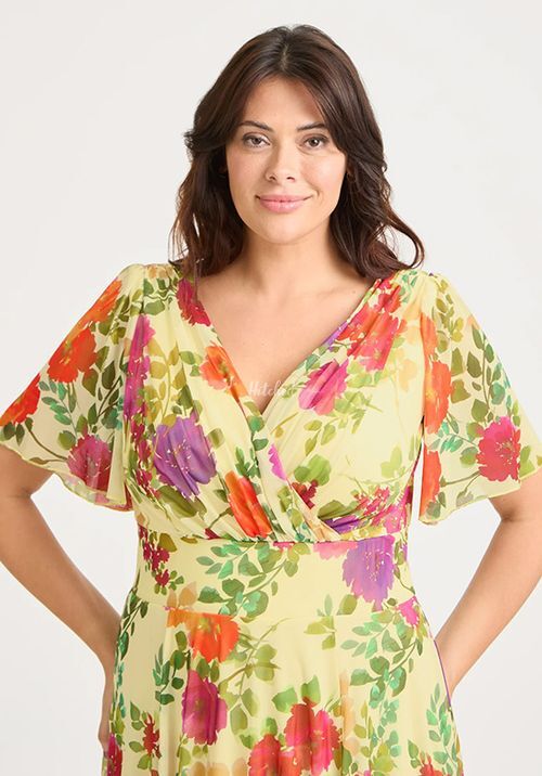 Victoria Lemon Multi Angel Sleeve Mesh Long Midi Dress, Scarlett & Jo