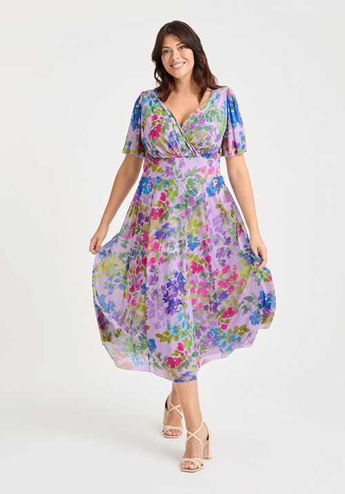 Victoria Lilac Multi Angel Sleeve Mesh Long Midi Dress, Scarlett & Jo