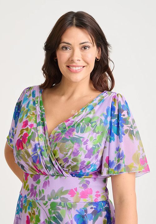 Victoria Lilac Multi Angel Sleeve Mesh Long Midi Dress, Scarlett & Jo
