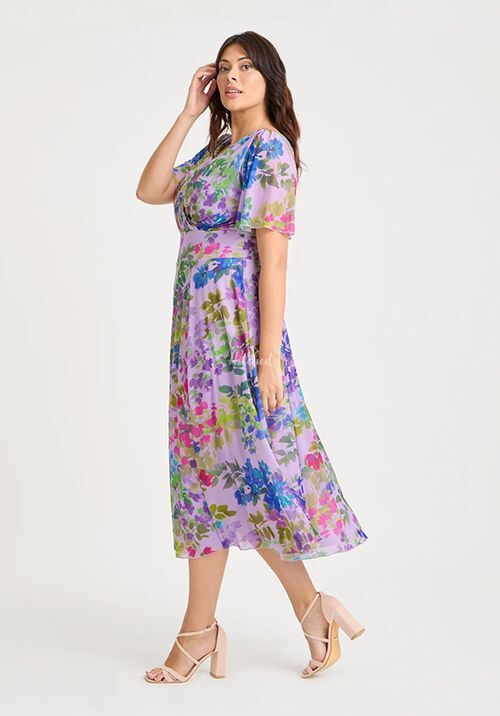 Victoria Lilac Multi Angel Sleeve Mesh Long Midi Dress, Scarlett & Jo
