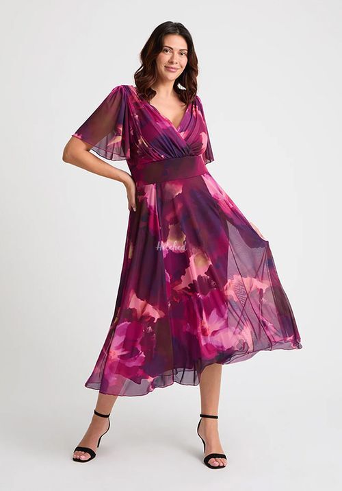 Victoria Wine Pink Angel Sleeve Mesh Long Midi Dress, Scarlett & Jo