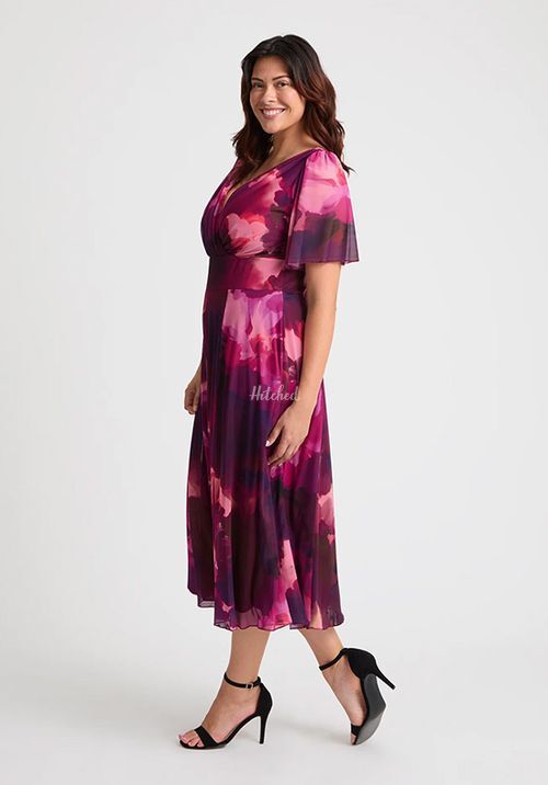 Victoria Wine Pink Angel Sleeve Mesh Long Midi Dress, Scarlett & Jo
