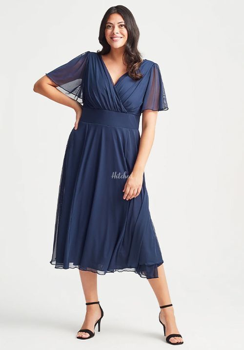 Victoria Solid Navy Angel Sleeve Mesh Midi Dress, Scarlett & Jo