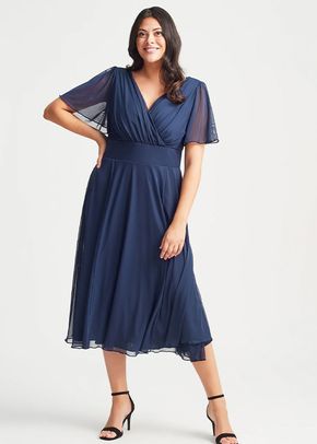 Victoria Solid Navy Angel Sleeve Mesh Midi Dress, Scarlett & Jo