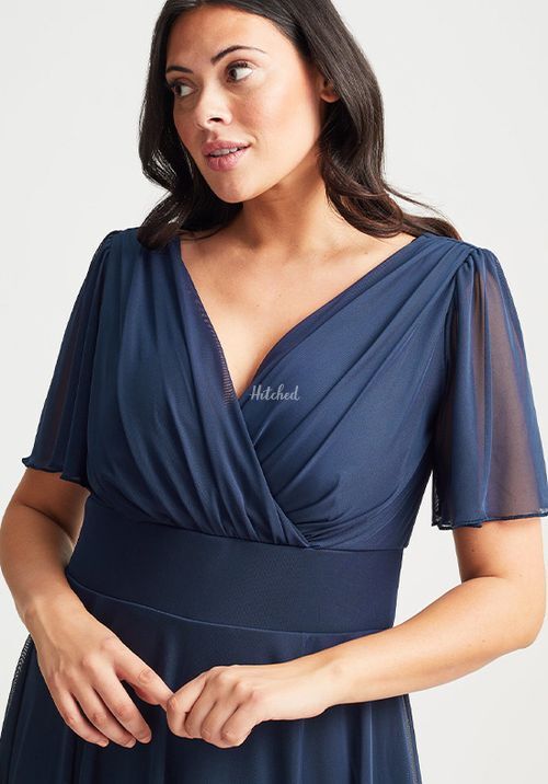 Victoria Solid Navy Angel Sleeve Mesh Midi Dress, Scarlett & Jo