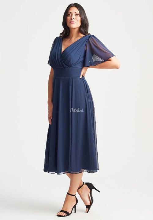 Victoria Solid Navy Angel Sleeve Mesh Midi Dress, Scarlett & Jo