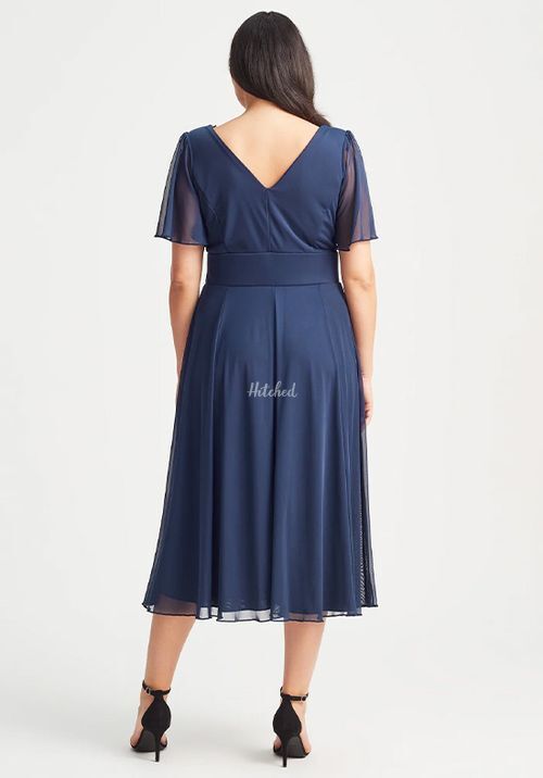 Victoria Solid Navy Angel Sleeve Mesh Midi Dress, Scarlett & Jo