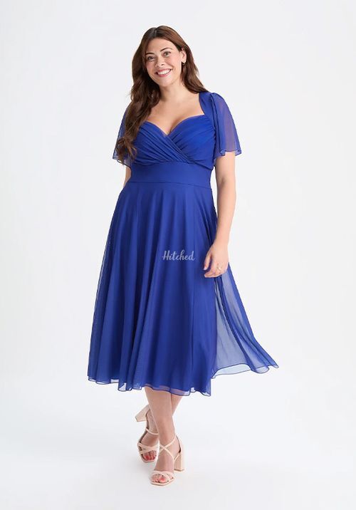 Liz Solid Sapphire Bolero Wrap Bodice Midi Dress, Scarlett & Jo