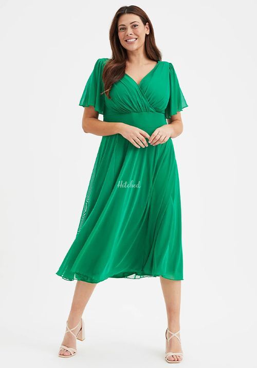 Victoria Solid Green Angel Sleeve Mesh Midi Dress, Scarlett & Jo