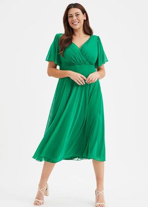 Victoria Solid Green Angel Sleeve Mesh Midi Dress, Scarlett & Jo