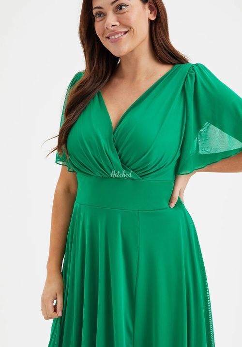 Victoria Solid Green Angel Sleeve Mesh Midi Dress, Scarlett & Jo
