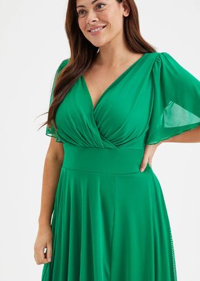 Victoria Solid Green Angel Sleeve Mesh Midi Dress, Scarlett & Jo
