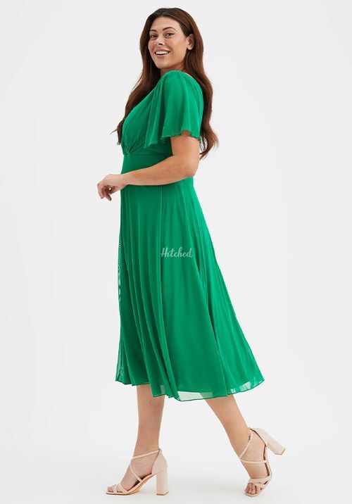 Victoria Solid Green Angel Sleeve Mesh Midi Dress, Scarlett & Jo