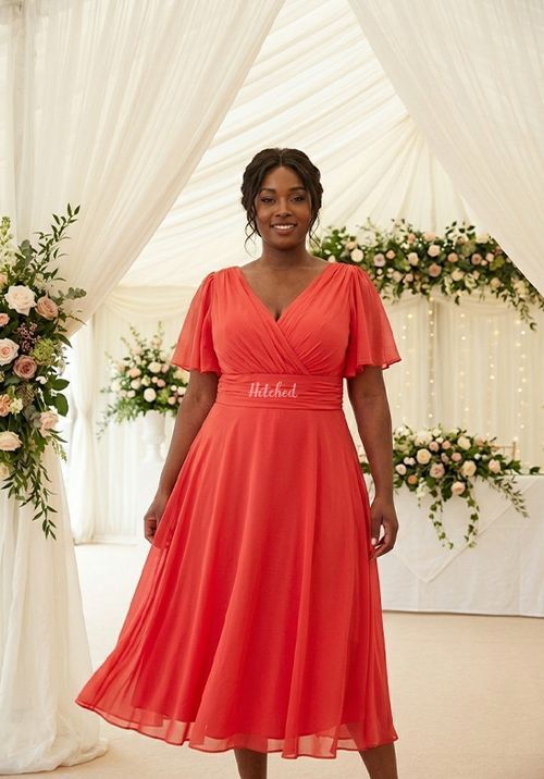 Victoria Solid Scarlet Red Angel Sleeve Mesh Midi Dress, Scarlett & Jo