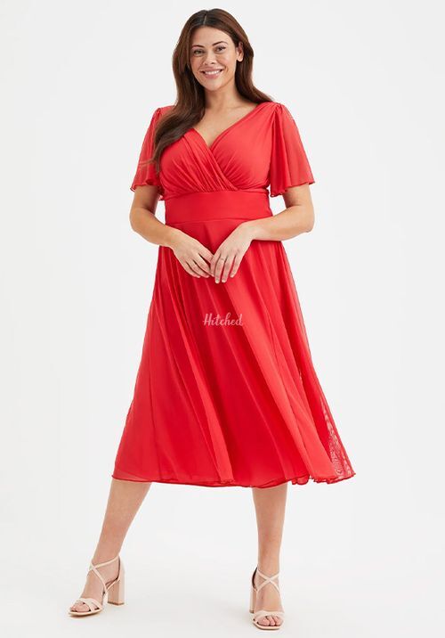 Victoria Solid Scarlet Red Angel Sleeve Mesh Midi Dress, Scarlett & Jo