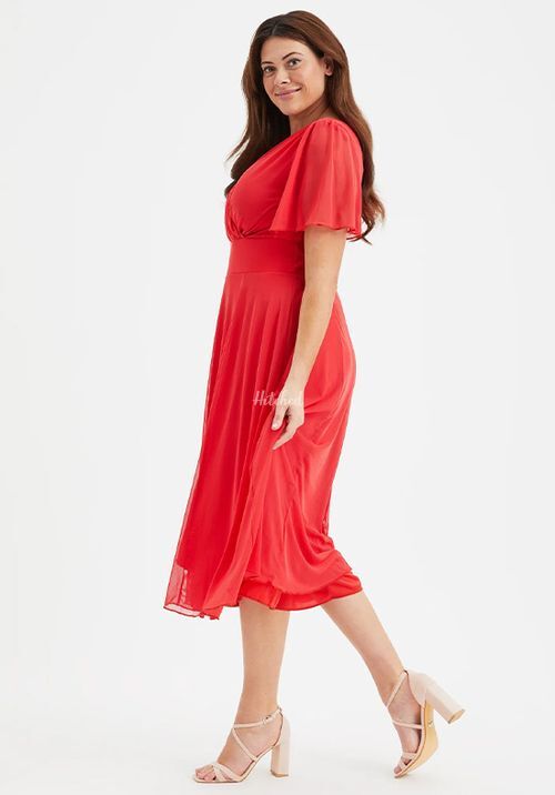Victoria Solid Scarlet Red Angel Sleeve Mesh Midi Dress, Scarlett & Jo