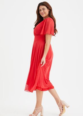 Victoria Solid Scarlet Red Angel Sleeve Mesh Midi Dress, Scarlett & Jo