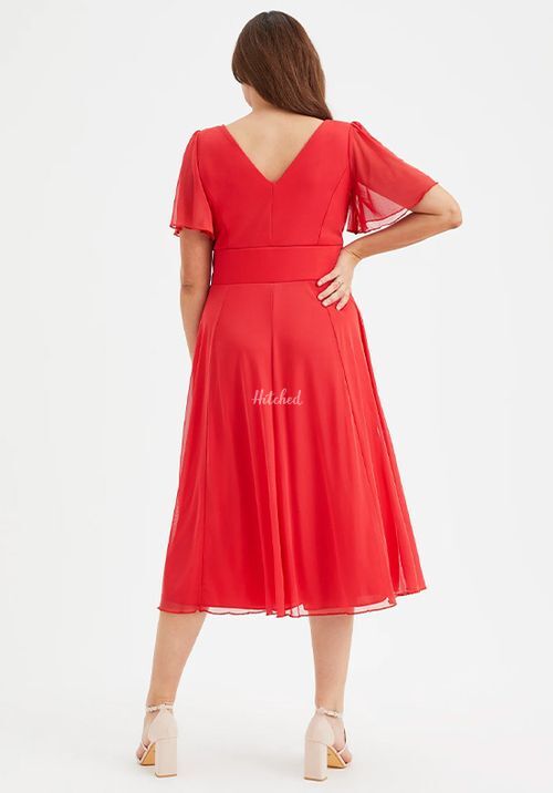 Victoria Solid Scarlet Red Angel Sleeve Mesh Midi Dress, Scarlett & Jo