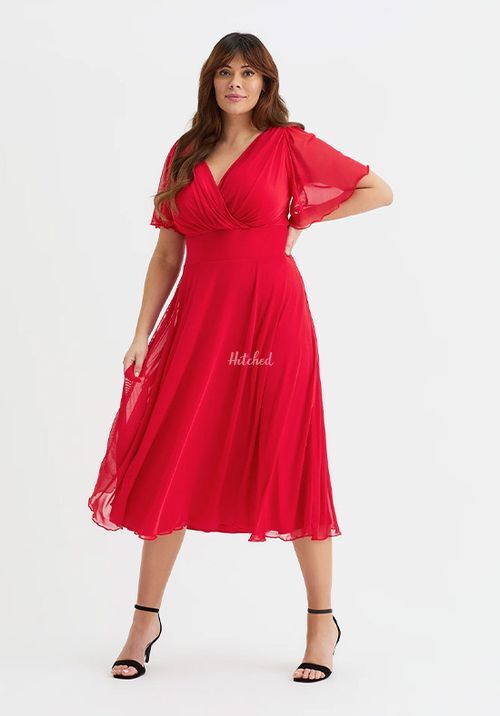 Victoria Solid Red Angel Sleeve Mesh Midi Dress, Scarlett & Jo