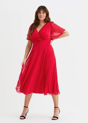 Victoria Solid Red Angel Sleeve Mesh Midi Dress, Scarlett & Jo