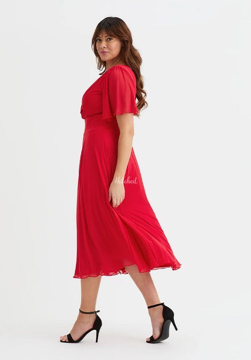 Victoria Solid Red Angel Sleeve Mesh Midi Dress, Scarlett & Jo