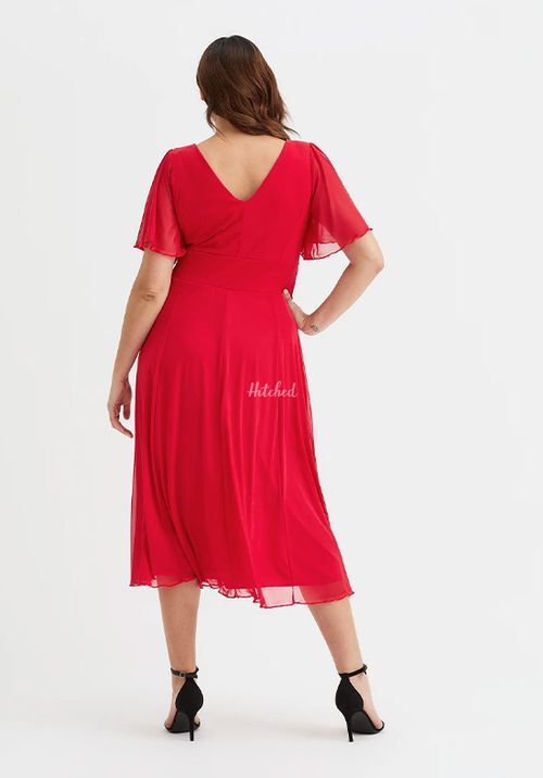 Victoria Solid Red Angel Sleeve Mesh Midi Dress, Scarlett & Jo
