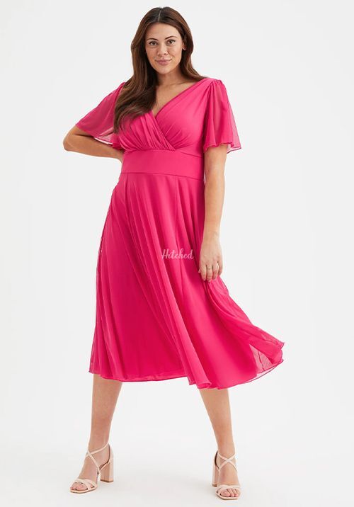 Victoria Solid Cerise Angel Sleeve Mesh Midi Dress, Scarlett & Jo