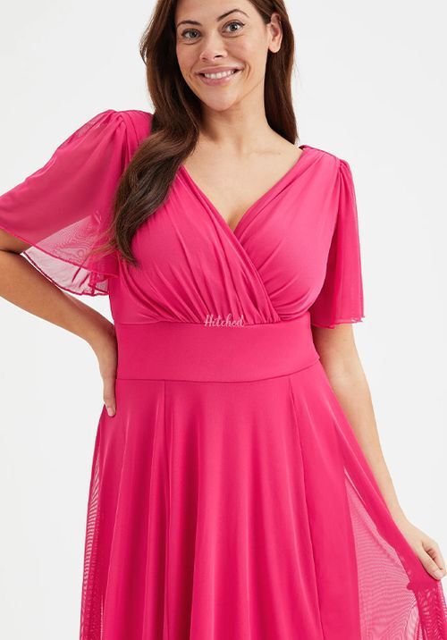 Victoria Solid Cerise Angel Sleeve Mesh Midi Dress, Scarlett & Jo
