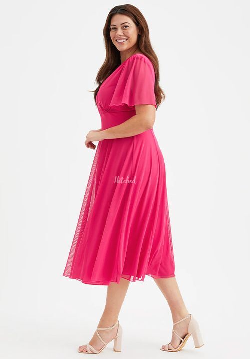 Victoria Solid Cerise Angel Sleeve Mesh Midi Dress, Scarlett & Jo