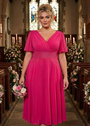 Victoria Solid Cerise Angel Sleeve Mesh Midi Dress, 1361