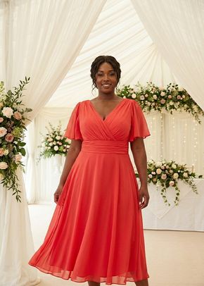 Victoria Solid Scarlet Red Angel Sleeve Mesh Midi Dress, 1361