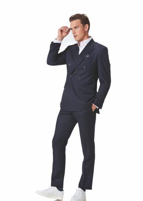 Navy twill slim fit double breasted business suit, 1129