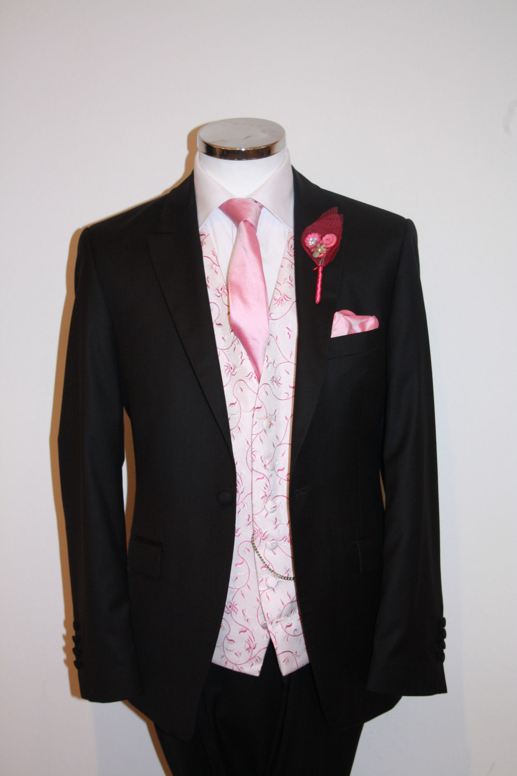 Black Lounge Suit with Raspberry Waistcoat Scroll Mens Wedding Suit