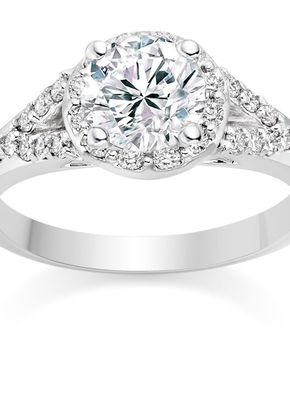 Round Cut 0.95 Carat Halo Engagement Ring with Side Stones 18k White Gold, 1093