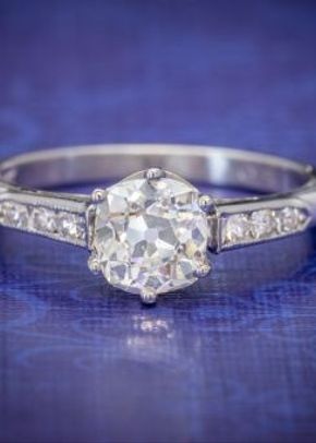Vintage Diamond Solitaire Ring Platinum 1.25ct Old Cut Diamond Cert, 1299