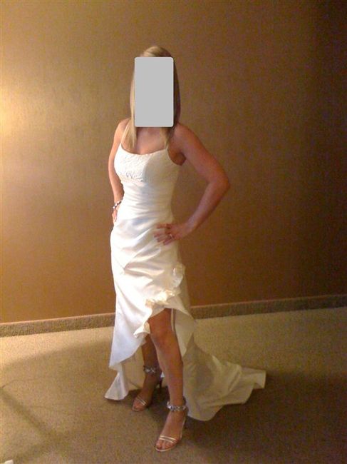 Ivory satin asymmetrical wedding dress - size 8 - SOLD