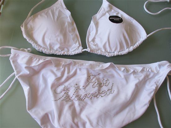 White & Diamante "Just Married" Bikini 14 top 16 bottoms Never worn