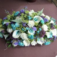 Stunning turquoise, purple and cream silk flower arrangement for sale